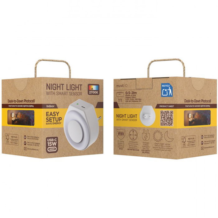 Muvit Luz de Noche con Sensor y Puerto USB-C 15W Blanco MIONLI001 Muvit Luz de Noche con Sensor y Puerto USB-C 15W Blanco MIONLI001